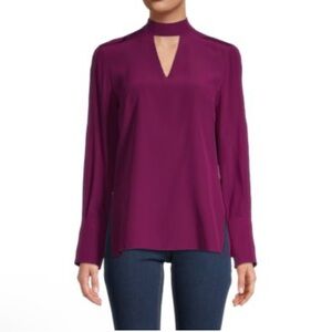 Ellen Tracy Blouse Top size S Cutout Mock neck Long Sleeves chic purplis maroon